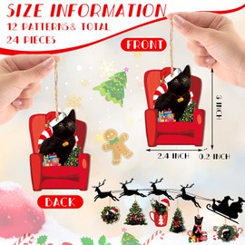 24 Pcs 2 Side Printed Black Cat Christmas Ornaments Wood Black Kitten Kitty Xmas Tree Hanging Decoration for Cat Lovers Feline Gift Collectible