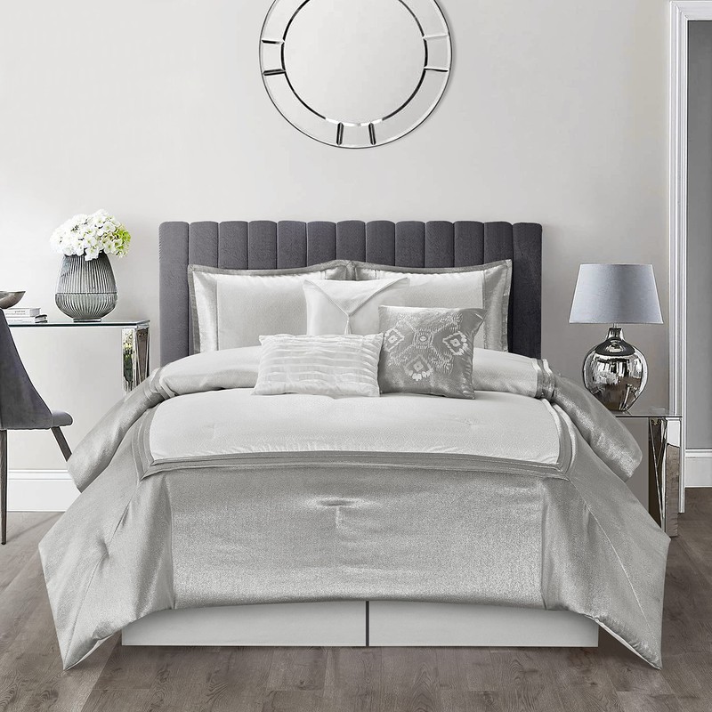Grand Avenue White/Grey Queen Comforter Sets, 7 Piece Silver Bedding