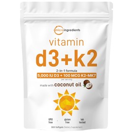 Micro Ingredients Vitaminas 2 en 1, D3 5,000 UI más K2 (MK-7) 100 mcg, 300 cápsulas blandas de aceite coco virgen, absorción de calcio, salud ósea, sistema inmune, salud del corazón