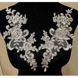 PEPPERLONELY 1 par de parches de tela de encaje fino bordado, decoración de vestido, marfil con plata, 10 x 6 pulgadas