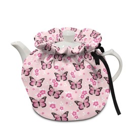Xoenoiee Pink Butterfly Floal Print Tea Cozy Teapot Cover Thermal Insulation Tea Pot Cosy Teapot Cover Home Kitchen Table Tea Pot Cover Teapot Cozy Warmer
