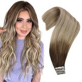 VeSunny Tape in Extensions Human Hair Brown Ombre Long Hair Extensions Tape in Brown to Blonde Ombre Remy Human Hair Seamless Tape in Extensions Brown 24inch 20pcs 50g