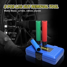 6" Extra Long Lug Nut Socket Set, 1/2" Drive Impact Sockets, 17mm 19mm 21mm 3 Pcs Metric Thin Wall Deep Socket, Non-Marring Wheel Sockets with Colored Protectors, for Removing Bloated, Warped Lug Nuts