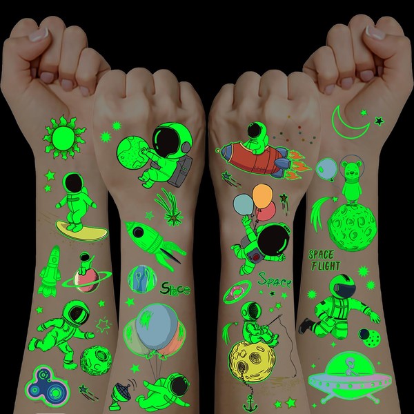 Space Children's Tattoo, 12 Sheets Luminous Tattoos Children, Temporary Tattoos Children, Skin-Friendly for Space Party Bags Children's Birthday Small Gifts for Children