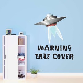 Warning Takeover Aliens Spaceships Mars Planets Outer Space Science Fiction Stranger Teddy Bear Dino Dinosaurs Tractor Trucks Airplane Holiday Decorating Ideas Wall Decal Sticker - Size: 8 In X 10 In