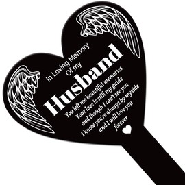 GLOBLELAND Heart Shaped Wings Garden Stake Memorial Husband Remembrance Plaque Stakes for Cemetery Acrylic Waterproof Sympathy Garden Stake for Yard Grave Cemetery