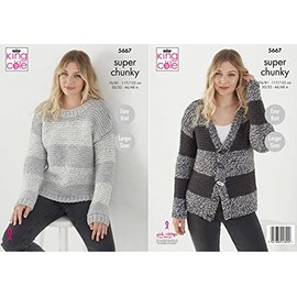King Cole Ladies Super Chunky Knitting Pattern Easy Knit Striped Sweater & Cardigan (5667)