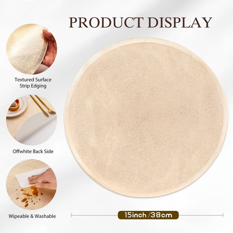 6pcs Gold Placemats for Round Table Metallic Pressed Vinyl Table