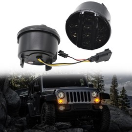 AUYICH LED Turn Signal Light Compatible with Wrangler JK Unlimited 2007-2018, DRL Front Grill Indicator Parking Light, Amber Turn Signal Lights White Daytime Running Lamps, Smoked Lens