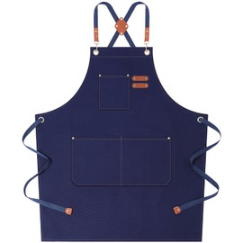 AFUN Chef Aprons for Women Men with Large Pockets, Cotton Canvas Cross Back Water Repellent Work Apron, Size M to XXL (Darkblue)