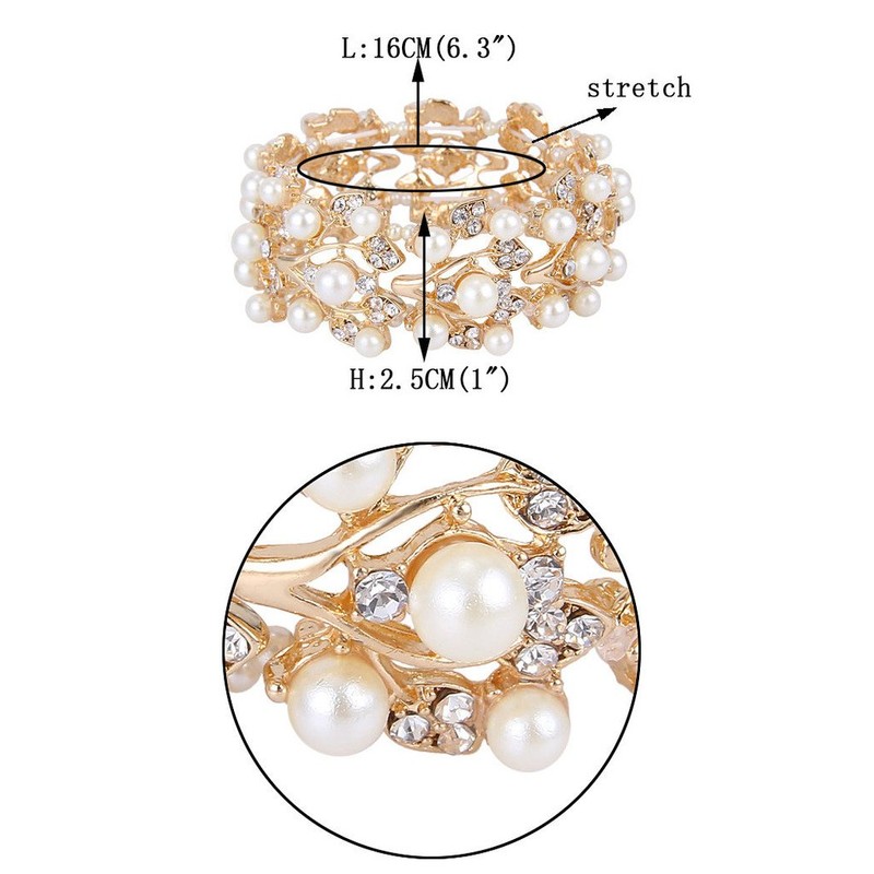 Ever Faith Crystal Cream Simulated Pearl 1920's Style Leaf Stretch