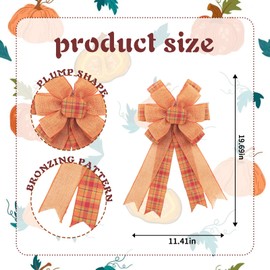 LINGMIN Orange Buffalo Plaid Bows for Wreath, Thanksgiving Wreath Bow Fall Bow Large Fall Wreath Gift Burlap Bow for Front Door Indoor Outdoor Wall Decoration Supplies Ornaments 9