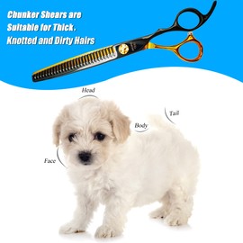 Momotou Black & Gold Professional Chunker Dog Grooming Scissors with Decorative Screw Sharp and Durable Japanese 440C Stainless Steel Pet Cat Texturizing Thinner Shears with Safe Round Tip 7.5''