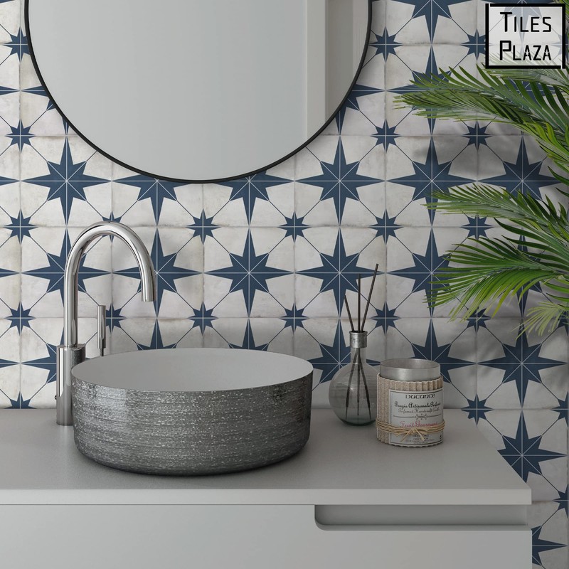 The Tiles Plaza Encaustic Peel and Stick Backsplash, Blue Star
