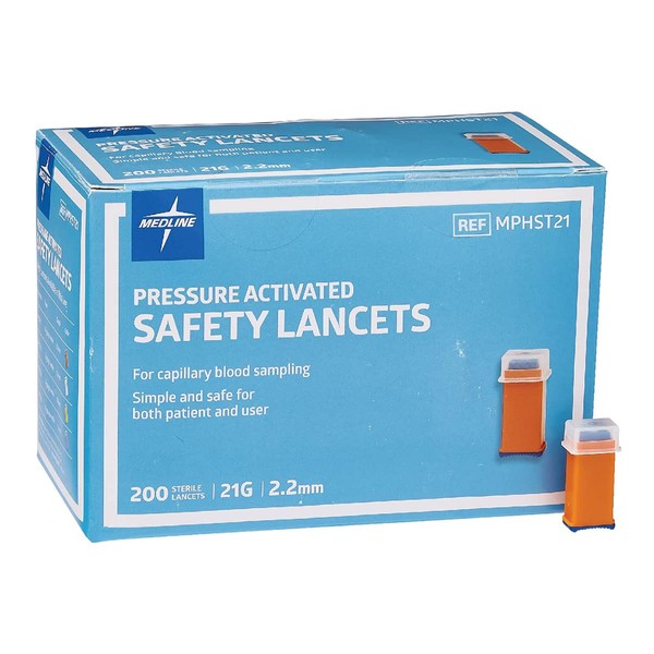 Medline Safety Lancets, Pressure Activation, 21G x 2.2 mm, 200 Count