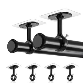Amuille No Drill Double Curtain Rod Brackets, Adhesive Ceiling Curtain Rod Holders 4 Pack, Double Window Curtain Rod Holder Support 0.8 to 1.25 Inches Rod for Apartment, Kitchen, Balcony