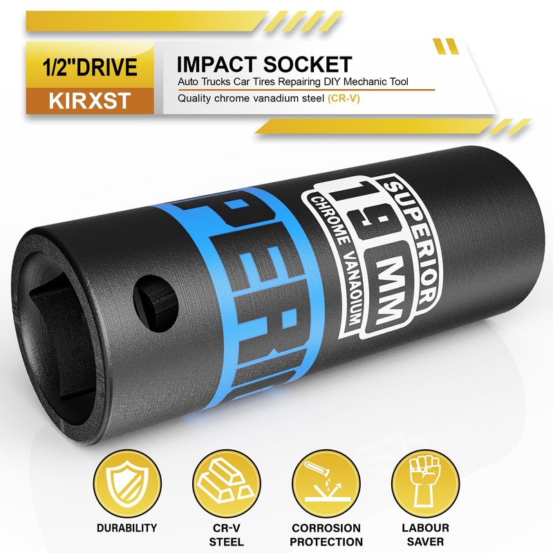 KIRXST 1/2" Drive 19mm Deep Impact Socket, 6 Point CR-V
