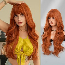 TRUMOST Burnt Orange Wig With Bangs For Women 27In Long Wavy Ginger Wig Synthesis Heat Resistant Wigs Natural Looking For Daily Use Gifts