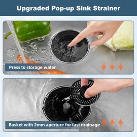 Black Sink Drainers for Kitchen Sink, All Metal Kitchen Drain Stopper for US Standard 3-1/2 Inch Sink Drain, Extra 2 Pcs Stainless Steel Mesh Filter Basket with Flat Handle
