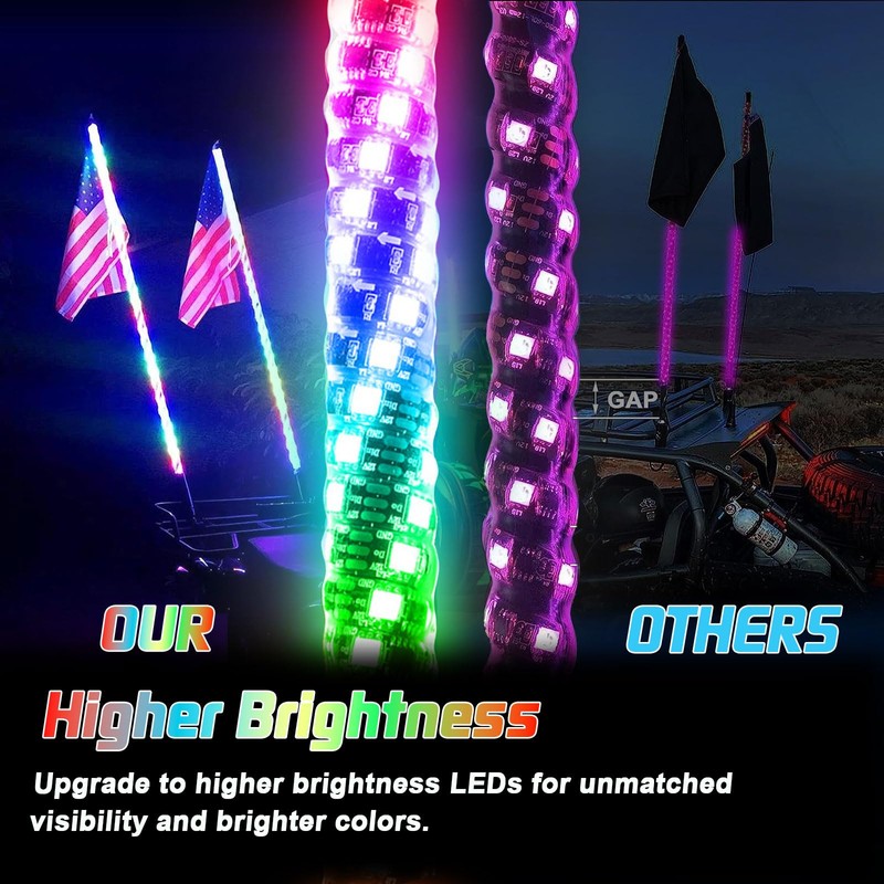 2PCS 3FT Whip Lights with Spring Base, Spiral RGB LED
