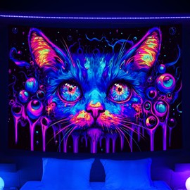 BATRUG Blacklight Cat Tapestry Gothic Skeleton Hippie Eyes Fantasy Mysterious UV Large Psychedelic Tapestry Wall Hanging for Bedroom Decor 60 X 40 IN