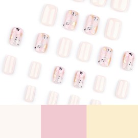 24 Pcs Press on Nails Short Square,LINMEIZAI White Cute Fake Nails Press ons Nail Kit Tips Glue on Nails Full Cover Acrylic False Nails with Flowers Gold Foil Glitter Glossy Nail Art Design for Women