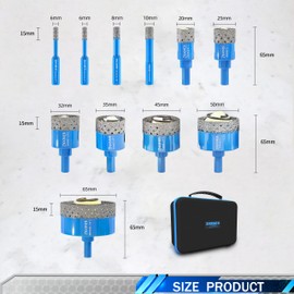 Diamond Hole Saw kit - ZNXIMER Porcelain Tile Hole Saw Kit for Ceramic, Granite, Marble and More Drilling - 11pcs Diamond Core Drill Bits Set(6/6/8/10/20/25/32/35/45/50/65MM)