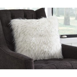 Signature Design by Ashley Calisa Faux Fur Accent Throw Pillow, 20 x 20 Inches, White