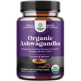 Natures Craft High Strength Organic Ashwagandha Supplements - Calm Mood Support Ashwagandha with Black Pepper for Enhanced Absorption - Vegan and Non-GMO (60 Tablets)