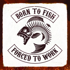 Big Mouth Bass Wall Mount Bottle Opener On Real Wood Board With Fishing Net Bottle Cap Catcher and Born To Fish - Forced To Work Vintage Sign Sticker