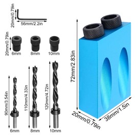 15° Pocket Hole Screw Template, Full Aluminium Oblique Hole Drilling Template, with 6/8/10 mm Drill + Sleeve + Boundary Ring, Accessories for Woodworking, for DIY Projects (Blue)