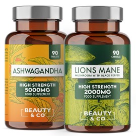 Ashwagandha 5000mg Tablets and Lions Mane 2000mg, High Strength, Vegan, Made in UK. (90+90)