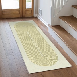 Bavni Washable Runner Rug, Soft Modern Printed Rug Runner, Abstract 2x5 Runners for Hallways, Kitchen, Laundry, Beige Yellow Lines