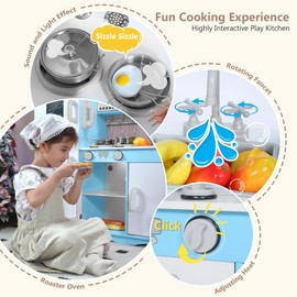 Kinder King Wooden Kids Play Kitchen, Toy Kitchen Playset for Toddler, Pretend Oven, Microwave, Telephone, Chalkboard, Interactive Doors, Knobs, Realistic Kitchen Sets for Boys Girls Age 3+, Blue