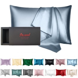 Organic Silk Pillowcase for Hair and Face Made in USA, Real 22 Momme Mulberry Silk Pillow Case, Cooling Anti Wrinkle Silk Pillow Cover, Hypoallergenic, Anti Aging (Blue Grey, Queen)
