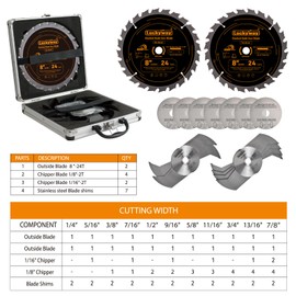 Luckyway Dado Blade Set, 8 Inch Stacked Dado Blades for 10" Table Saw 24 Carbide Tip Tooth with 5/8 Inch Arbor, Cutting Width from 1/4" to 7/8" in 1/16"- 15 Pieces