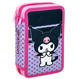 Clondo Triple Filled Pencil Case for Kids, Boys and Girls, 44 School Utensils, 3 Zippers, Colouring Pencils, Felt Tip Pens, Scissors, Kuromi V25, pen holder