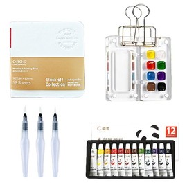 Mini Portable Watercolor Palette Set, Grid Paint Box with Binder Clips Include Paint, Brush*3 and Picture Album Art Materials Coloring Markers:_LG Walnut(24 Colors)