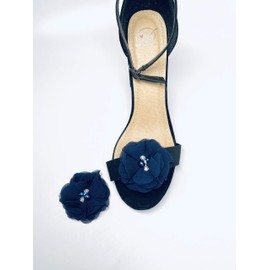 Navy Blue Detachable Chiffon and Rhinestone Flower Shoe Clips Set of 2