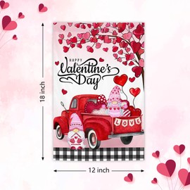 Valentines Day Garden Flag 12×18 Inch Double Sided Red Truck and Gnome Love Flag for Outside Outdoor House Decoration