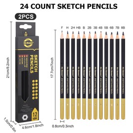TOPCZY 24 Piece Artist Pencils, Pencils Various Hardness Grades Set of 8B 7B 6B 5B 4B 3B 2B B HB F H 2H, Charcoal Pencils for Drawing, Sketching, Shading, Drawing, Illustrations