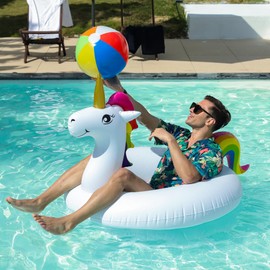 PARENTSWELL 43'' Inflatable Unicorn Flamingo Pool Floats, 2 Pack Pool Tube Floaties Swim Rings with 2 Beach Balls, Inflatable Pool Raft Tubes for Adults Pool Party Favors