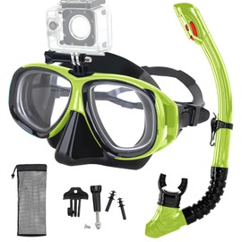 Nearsighted Snorkeling Gear for Adults Youth, Professional Full Dry Top Silicone Snorkel Set, Anti-Fog Scuba Diving Mask with Adjustable Strap (Light Green, -6.0)