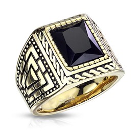 Bungsa Solid Gold Signet Ring with a Square Onxy Gemstone 316L Stainless Steel Unisex, Stainless Steel, Onyx