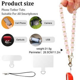 XIHIRCD Phone Lanyard Wrist Strap, Crystal Stone Beaded Phone Charm Wrist Strap, Detachable Bracelet Phone Strap Chain with 2pcs Tether Tabs Gift for Women Girls(Pink)
