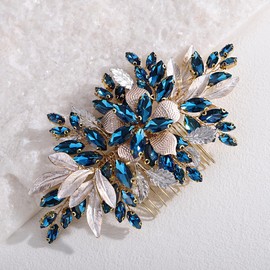 Xerling Handmade Wedding Blue Rhinestone Hair Comb Floral Bridal Headpiece Brides Flower Hair Piece Accessories Vintage Side Comb for Women (Peacock Blue)