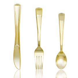 Slomg 200 Pack Gold Plastic Silverware, Disposable Heavy Duty Cutlery Set with 100 Forks 50 Spoons 50 Knives, Reusable Flatware Dinnerware Serving Utensils for Catering Wedding Party Dinner Daily Use