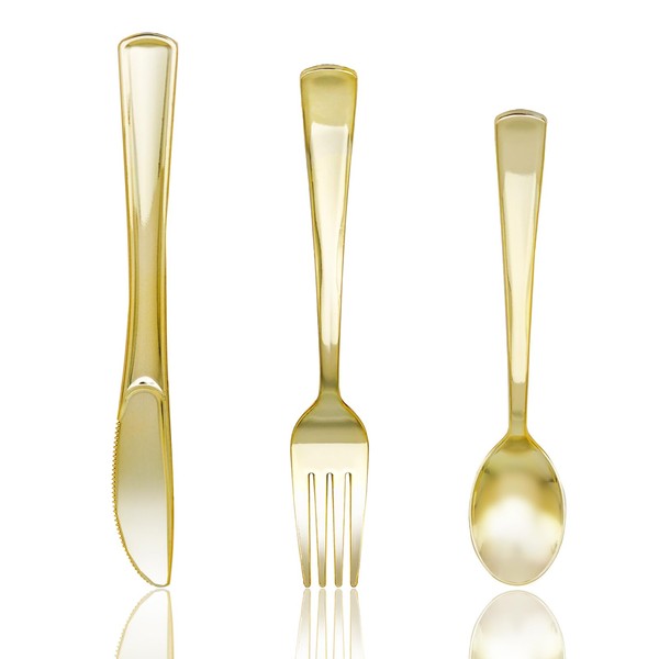 Slomg 200 Pack Gold Plastic Silverware, Disposable Heavy Duty Cutlery