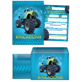 12 Children's Birthday Party Invitations Monster Truck Blue First Birthday Boy Invitations Monster Truck and Car