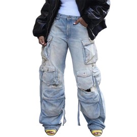 Cargo Jeans for Women High Waist Multi-Pockets Wide Leg Casual Trendy Baggy Cargo Pants